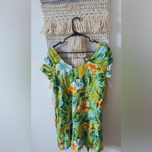 Jams World Floral Tropical Print Lace Up Back Hibiscus Print Dress Short Sleeve